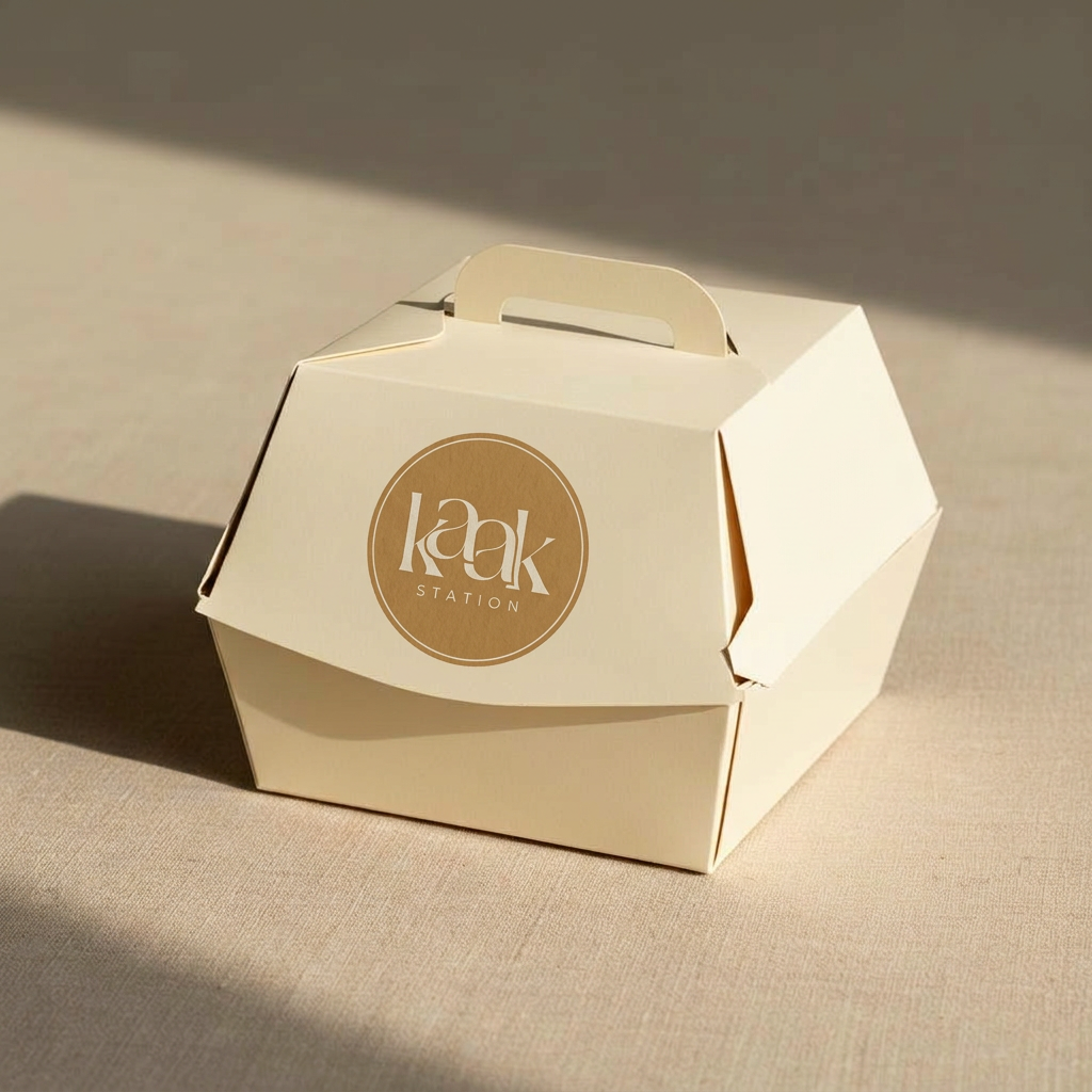 KAAK Station signature sandwich box, kraft paperboard with circular camel logo badge